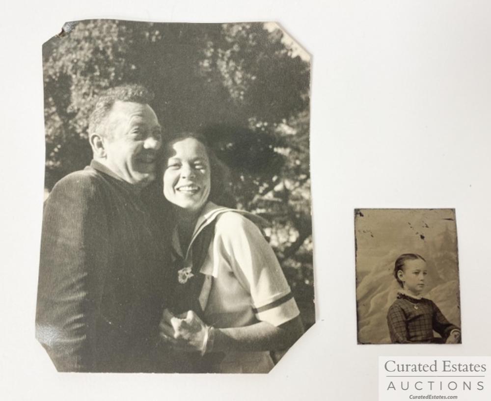 Early photo of Elaine and John couple and tintype: Early black and white photo of Elaine and John Steinbeck as couple and a tintype photo, subject unknown. Provenance: The Estate of John and Elaine Steinbeck