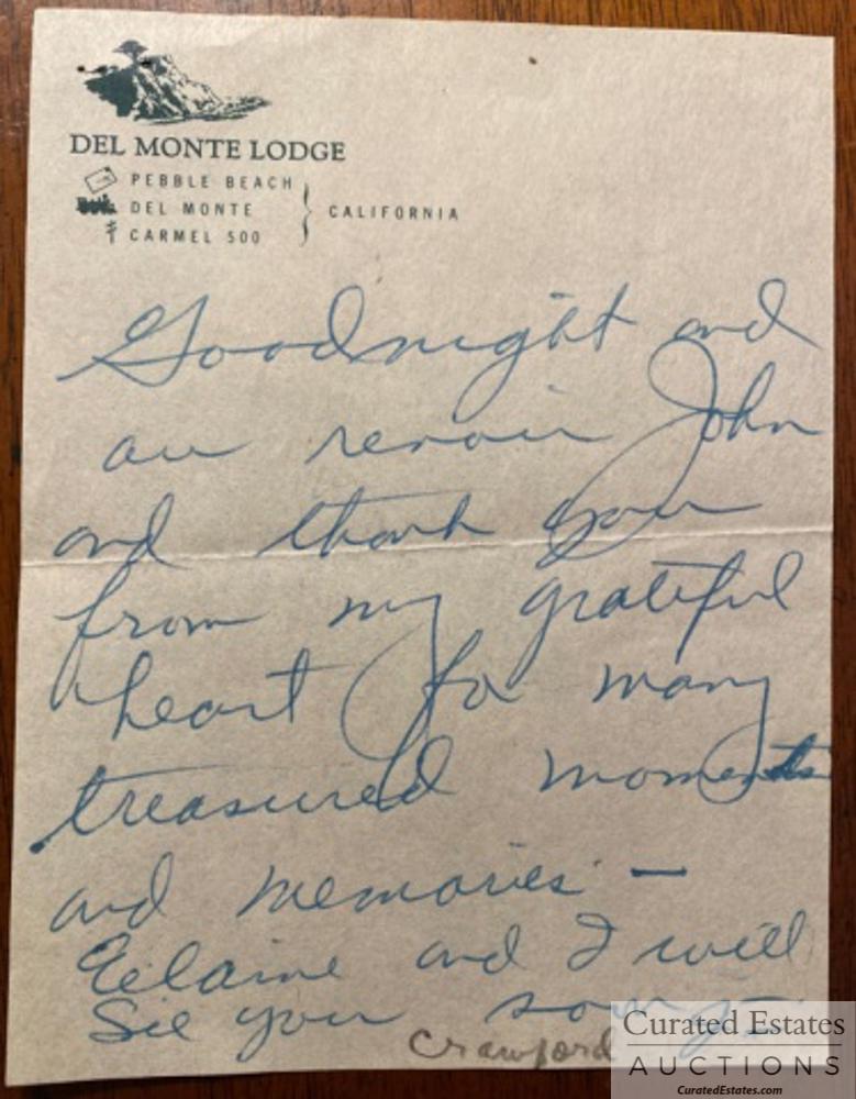 After John and Elaine Steinbeck Met Letters: Annie Laurie Williams was John Steinbeck's agent and friend. She apparently met Elaine while John was away. He initialed his thanks in the note dated August 18th 1949. Annie Laurie Williams Wrote: "Jo