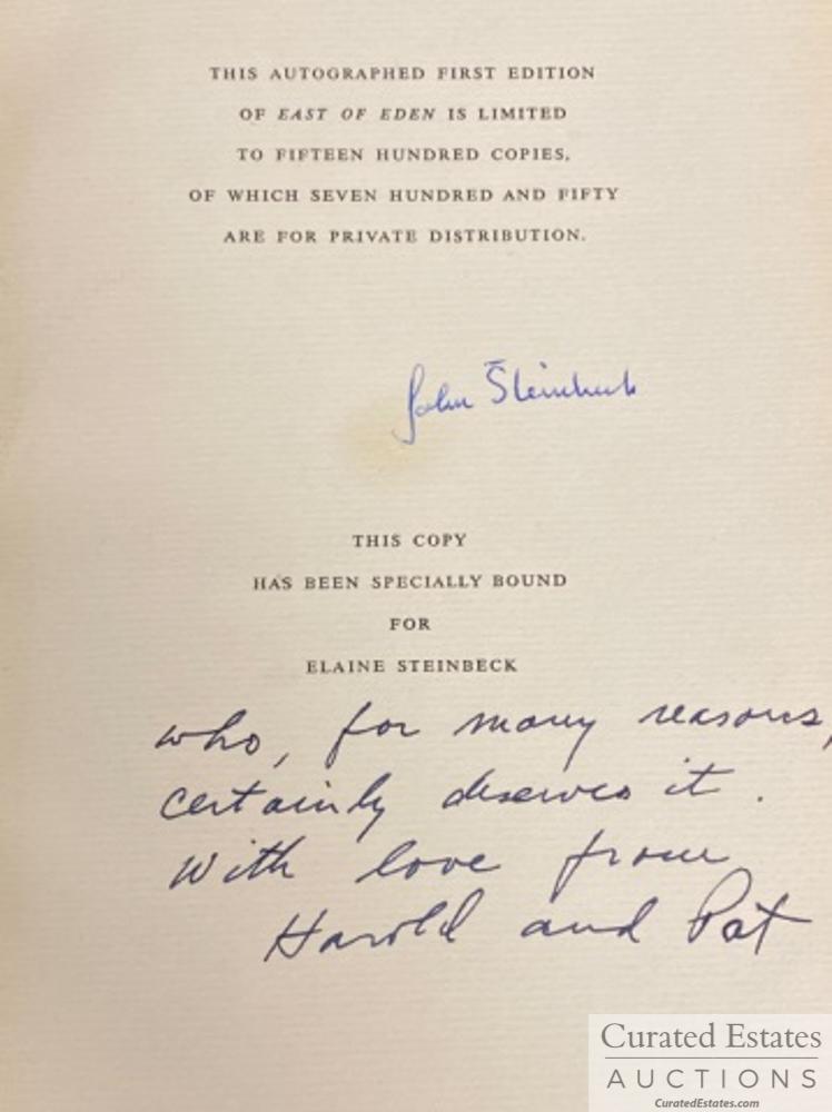 Elaine Steinbeck's Copy of East of Eden: New York the Viking Press 1952, 1952. Condition: very good. 1st unique edition. 602pp. This is the signed limited edition with 1500 copies printed, 750 of those originally reserved for private distrib