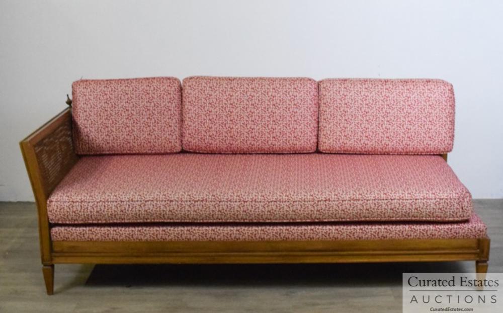 Red and Pink Fainting Couch: Damage to Finial on Right Dimensions: 78 " L x 31.5" W x 30" H to top of final on left Provenance: From the Estate of John and Elaine Steinbeck
