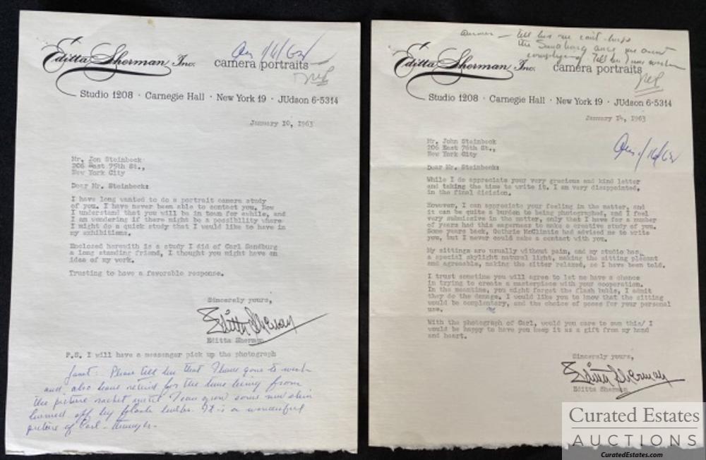 Letter to a Photographer in Steinbecks Hand 1-1963: Letter dated January 10, 1963, sent to John Steinbeck by Editta Sherman asking if she could do a photograph study of Mr. Steinbeck similar to what she did for Carl Sandburg. John Steinbeck hand writes