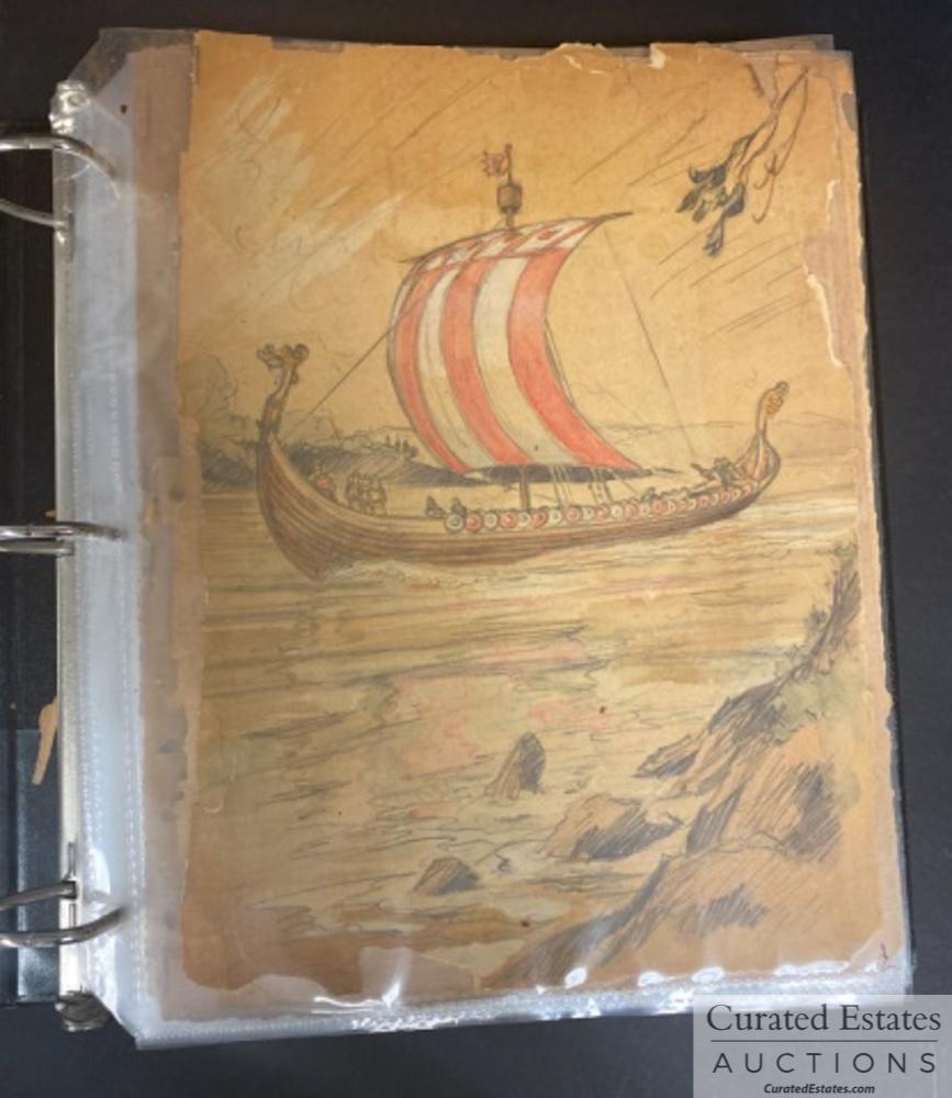 Leif's Discover of America Johan Bull (1893-1945): Johan Bull (Norwegian 1893-1945) Leif's Discover of America. A complete ready to print manuscript with dozens of color drawings. Drawings Johan Bull. Text is not attributed. With leather covers Estate