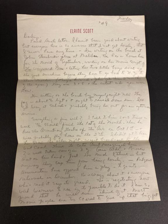 Letter from Elaine after meeting John Steinbeck: This lot consists of a two page letter Elaine wrote to her mom and aunt from the beach in Carmel, California. She writes the letter from the beach in front of Steinbecks cottage, but has not admitted