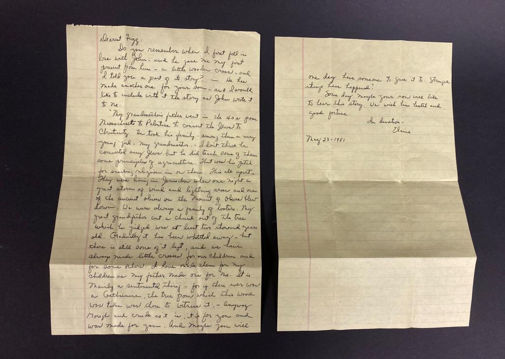 Letter Elaine wrote to Fizz in 1951: This two letter was written to Fizz by Elaine in 1951. Apparently, John carved an olive wood cross for her son just like the one he carved for Elaine. In this letter, Elaine shares the story with her 