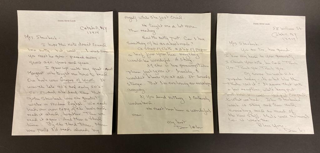 Letter from a fan and Elaines responses: This lot includes a letter from Daniel Kevin Lalor a fan of John Steinbeck to Elaine about how reading Steinbeck with his great aunt taught him how to read. Mr Lalor went on to Georgetown Law and beca