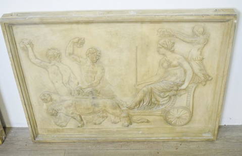 Architectural Terracotta Base Relief Sculpture: Woman in chariot being pulled by lions. She is accompanied by two satyrs. Marked Manifattura di Signa , Italy. Manifattura di Signa firm specialized in garden ornaments. These were removed from The Ot