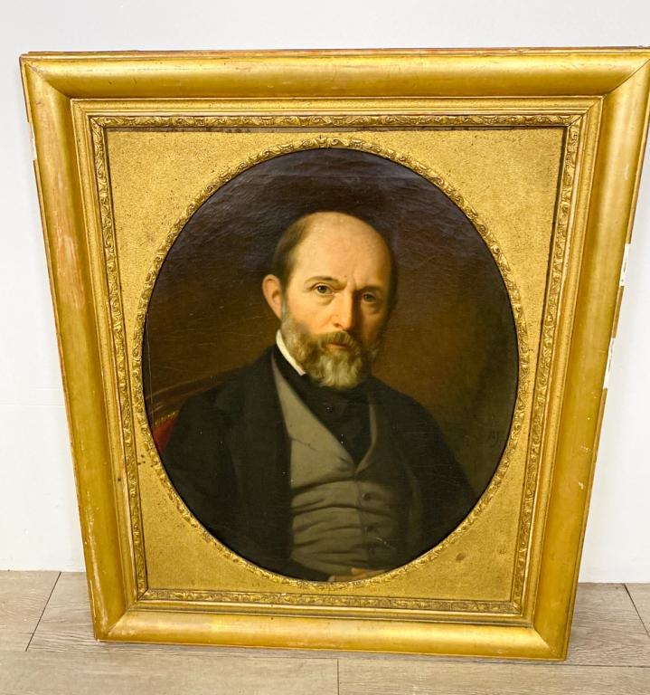19th Century Portrait Painting of a Gentleman: Oil on canvas of a bald headed gentleman with a mustache. Initialed HG, with pencil inscription on the top stretcher Henry De Gaudemaris. Remnant of an unidentified French gallery tag on verso. 25" Ta