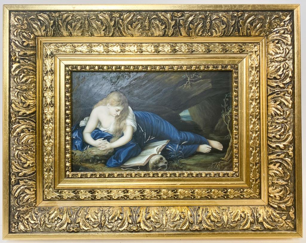 Old Master Style Painting: Oil on board, The Penitent Magdalene, artist signed lower right. Continental School, after Pompeo Batoni (Italian, 1708-1787). Some paint loss. 4"H x 7"W