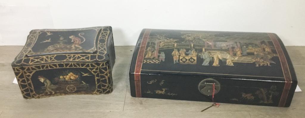 2 Decorative Boxes: 2 decorative boxes, 1 with monkey pushing cart, 6 1/2"H x 14"W x 11"D; 1 for sake, 6"H x 23 1/4"W x 13"D