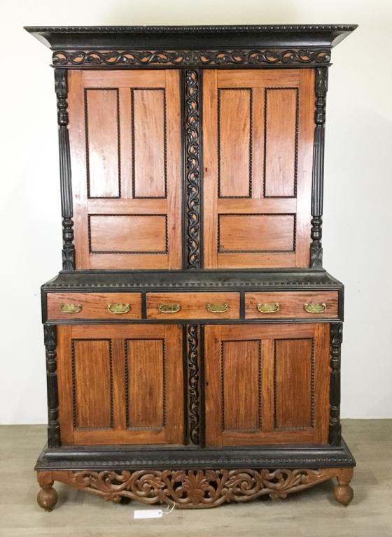 Colonial Ebony & Satinwood Cabinet on Stand: Indo-Portuguese 3 parts. Mid-19th century. With Hannington's Depositories Ltd. paper label on base. Sotheby's sale # 7029, October 18, 1997
