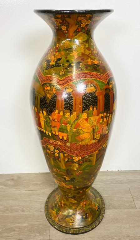 Indo Persian Papier Mache Floor Vase: Hand painted Persian papier mache floor vase. 38"H. Some chips on lacquer.