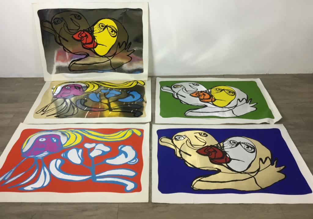 5 Karel Appel Silkscreens With Mounted Foil: Karel Appel (Dutch 1921-2006) Unsigned, all marked on verso sales proof. Images 24"H x 36"W