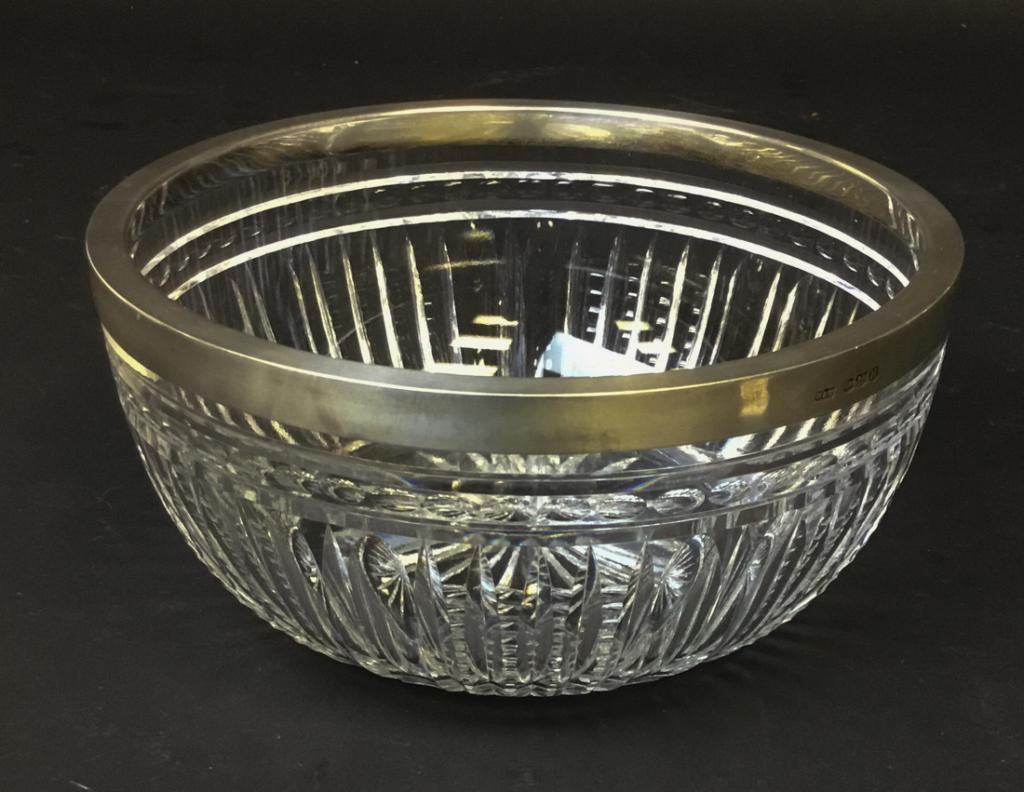 English Cut Crystal Bowl With Sterling Rim: English cut crystal bowl with Mappin & Webb sterling rim, circa 1950. 8"-diameter