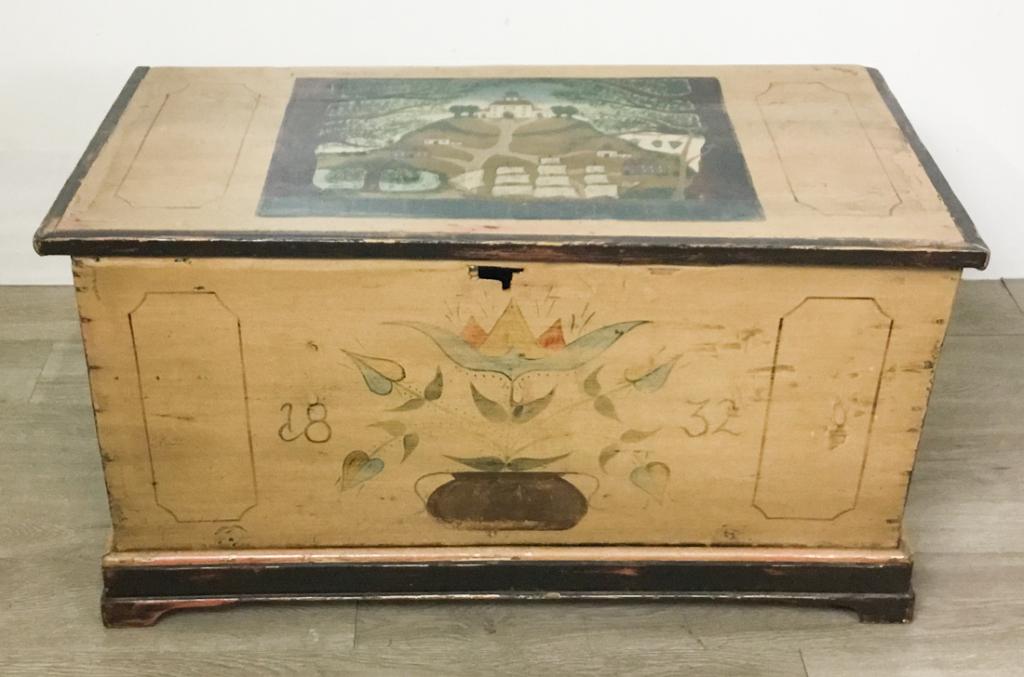 Paint Decorated Blanket Chest: Folk Art Style Painting of a hillside town. In the foreground a three mast sailing ship is docked.34" x 18" x 18"