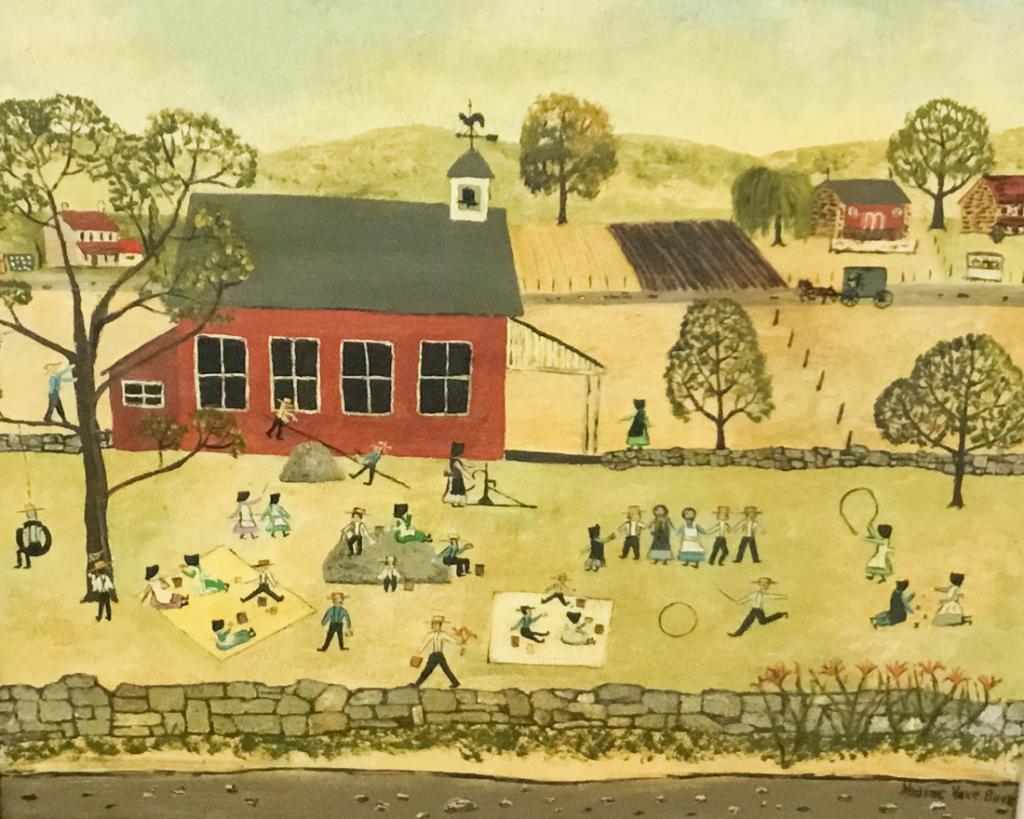 Folk Art Painting of Amish Children in Schoolyard: Nedine Hake Buck (American 20th Century) Oil on masonite. Tag on verso " "Last Day of School" Nedine Hake Buck oil on Masonite (ERNB746)" 23 1/2" x19 3/4".