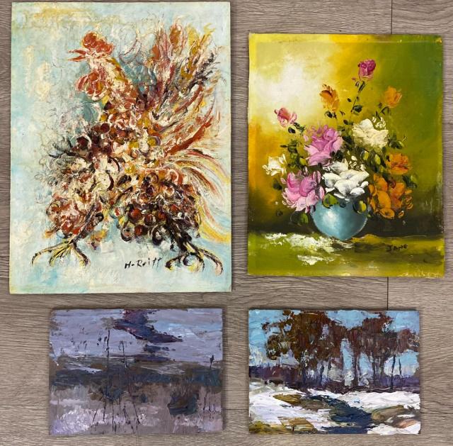 Group of Oil Paintings on Board: 4 oils on board. 2 unsigned landscapes, both 5"H x 7"W, and 2 still life. 1 signed Jane, 10"H x 8"W & 1 signed H Reitt, 12"H x 9"W