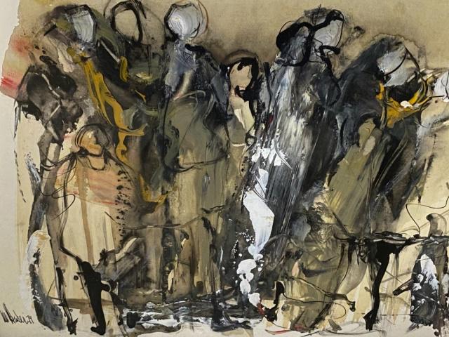 Abstract Oil Painting: Abstract oil of a group of people, artist signed & dated, Ruser? '79. 13 1/2"H x 16 1/2"W