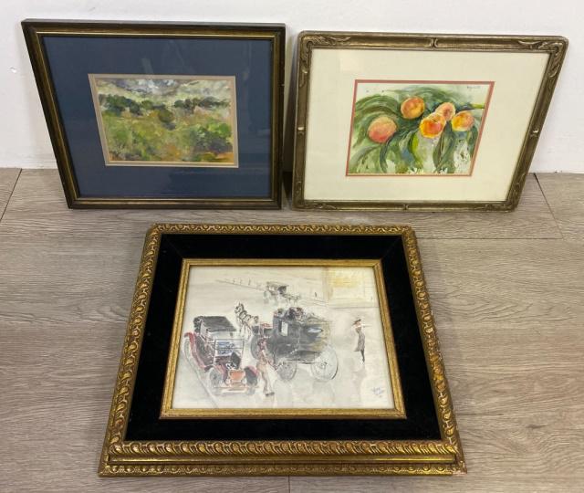 Group of 20th Century Watercolors: 3 watercolors.. Peaches signed B. Whelan D., 5 1/2"H x 7 3/4"W; Prospect of Orchards signed (Philip) Inwood, with info on verso, 5"H x 7 1/2"W; street scene, signed & dated Gene Zukor '51, 8 1/2"H x 1