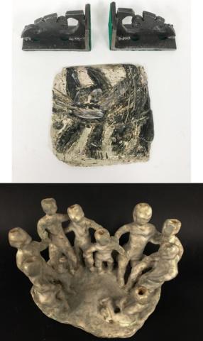 Modern Decorative Grouping: Artist signed figural candle holder, artist signed pottery tile, pair metal bookends signed E.C. Kolwicz 1971