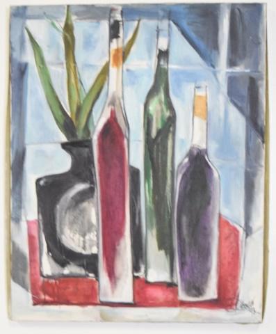 Modern Cubist Still Life Painting by M Bender: May Bender (American 20th Century) Oil on canvas. Signed lower right M Bender. 30" Tall 34" Wide