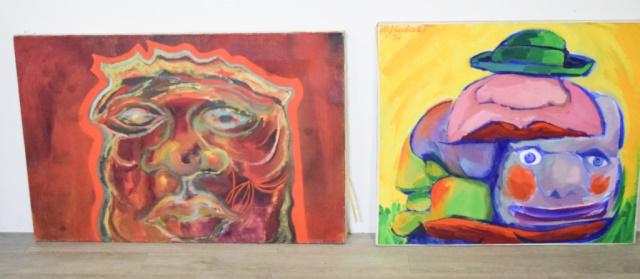 Two Outsider Folk Art Portraits: Wally Neibart (American 1925-2011) Man wearing hat Signed W (Wally) Neibart 70, also signed and dated on verso. 41"Tall 36" Wide. Second painting signed Brownstein 30" Tall 45" Wide