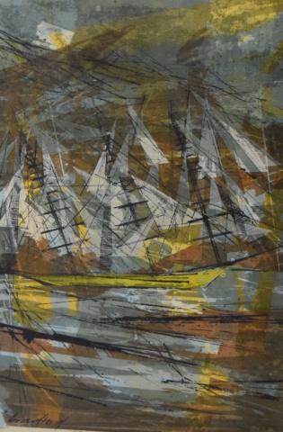 Print Howard Bradford: Howard Bradford(American 1919-2008) print Harbor Strait #2. Pencil signed lower left 21 1/2" Tall 14 1/4" Wide John Corwin House Lambertville NJ