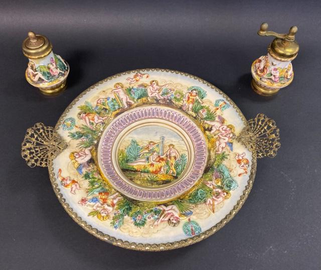 Capodimonte Style Italian Porcelain: Capodimonte style Italian porcelain lot including plate, 12" with handles and a pair of salt & peppers, 4 1/4"H