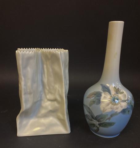Rosenthal Vase & Royal Copenhagen Vase: Tapio Wirkkala(Finland 1915-1985) for Rosenthal Porcelain Paper Bag Vase Rosenthal Studio Line vase, 6"H & Royal Copenhagen Vase, 7 1/2"H