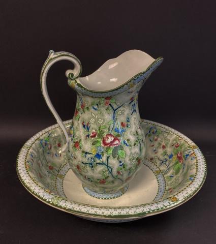 Royal Corona Ware Pitcher & Bowl: S. Hancock & Sons Royal Corona Ware ironstone Rosetta pattern pitcher & bowl. Pitcher 12 1/2"H, bowl 16 1/2"-diameter.