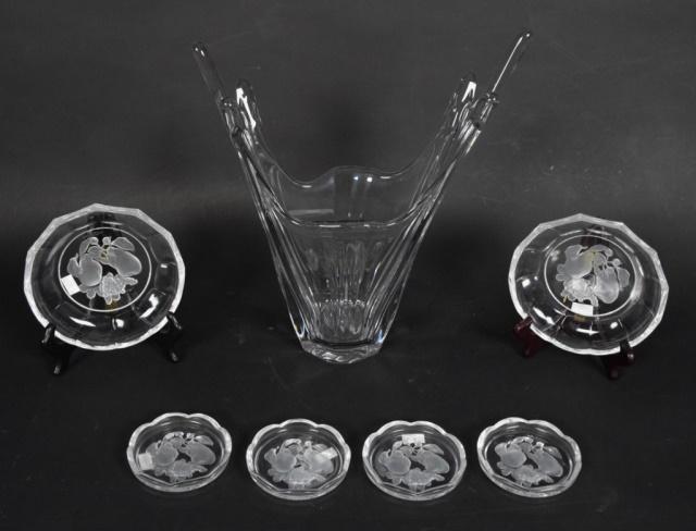 Val Saint Lambert Crystal Grouping: Modern vase signed on bottom. 2 bowls and 4 small dishes in the "Brussels" pattern. Height of vase 12.5"