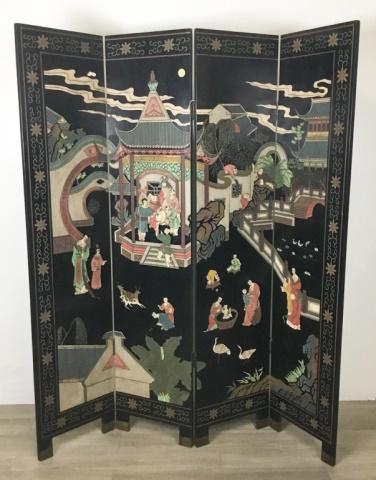 4 Panel Chinese Screen: A court scene by a pagoda. 72"H x 64"W