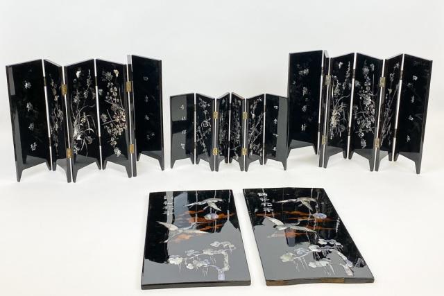 Three Asian Table Screens and Two Panels: 3 inlaid Asian lacquer screens, all with mother of pearl inlays. 2 matching 6 panel, 12"h x 24"W; 1 8"H x 17"W; 2 Asian lacquer panels with mother of pearl inlays, 15 3/4"H x 7 3/4"W