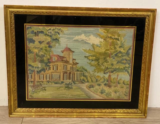 Framed Needlepoint: Framed needlepoint, initialed HB & dated 1934, with Philip Suval Fine Arts, NY label. 10"H x 14"W