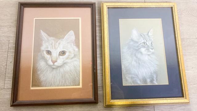 Signed N Ross Pastels of Cats: 2 pastels of cats, both signed N Ross. One dated 91, one dated 92. Both 8 1/4"H x 5 1/2"W