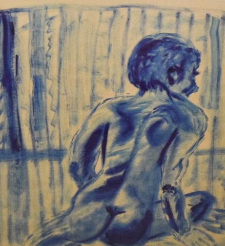 Oil on Paper of Nude Figure: Blue painted figure. Signed in pencil lower left Karen Miller Maxfield. 27" Wide 29" Tall John Corwin House Lambertville NJ