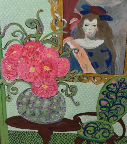 Oil Painting of Monet's Girl with Water Can - Henn: Judy Henn (American 20th Century) Oil on board. Girl in Blue dress looking into mirror. Signed with artist's monogram. 27 "Tall 23" Wide