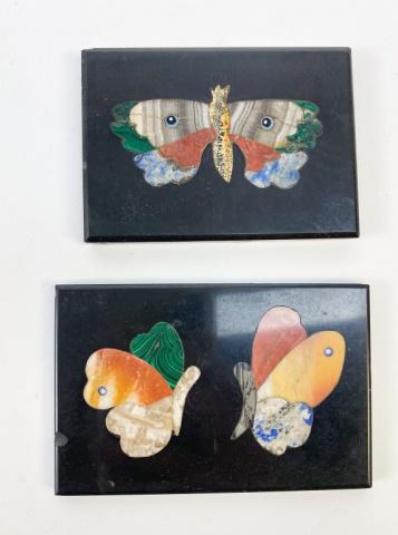 2 Pietre Dure Inlaid Desk Weights: 2 Italian pietre dure inlaid desk weights. Late 19th/early 20th century. Malachite, agate, lapis lazuli & other stones inlaid on black marble. Larger 4"W