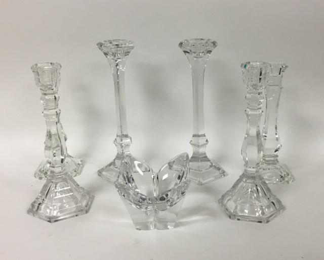 3 Pairs of Glass Candlesticks, Orrefors Dish: 3 pairs of glass candlesticks. 1 pair signed Tiffany & Co. Chip on base of one. Signed Orrefors dish. Tallest candlestick 9 3/4"H