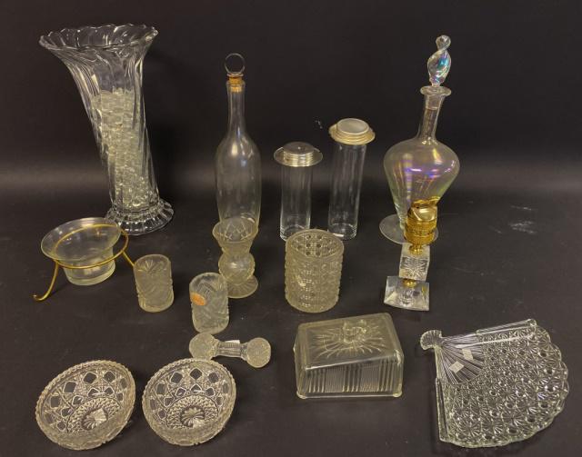 Large Glass Lot: 16 pieces including large vase, decanter, 2 cruets, bottle, small vase, lighter, jar (missing lid), 2 toothpick holders, two small bowls, bowl in stand, butter dish (no bottom), fan tray, knife rest. 