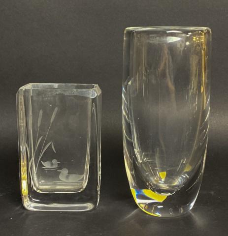 Orrefors Glass Vase and Edenfalk Glass Vase: Two piece art glass lot. Signed Orrefors vase with paper label 7 1/4"H, signed Edenfalk vase with etched decoration 5"H