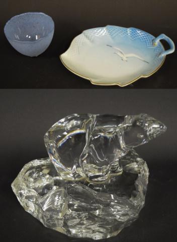 Art Glass and Porcelain Grouping: Kosta Boda art glass bowl signed B (Bertil) Vallien, 4 1/4"-diameter x 3"H; B&G Seagull dish 9 3/4" x 8 1/2", Hadeland Norway polar bear with inscription 7 1/2"W x 7"H