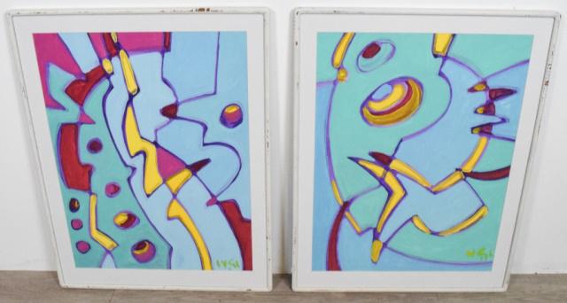 Pair Of Abstract Mixed Media Wayne Cunningham: Wayne Cunningham (Pennsylvania 20th Century) Mixed Media on Paper. Watercolor and oil. Signed lower right with artist device. 19 1/2" Wide 23 3/4" Tall John Corwin House Lambertville NJ