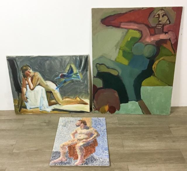3 Nude Oil Paintings: On canvas panel, 24"H x 18"W; on canvas, with bird, 24"H x 30"W; on canvas, signed Beth Ellen Moskowitz, 40"H x 30"W