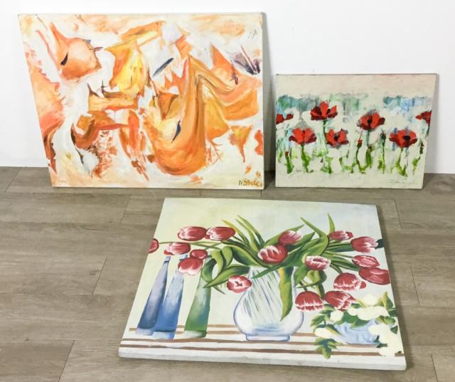 3 Still Life Oils on Canvas: Unsigned still life, 24"H x 28"W; signed May Bender, dated on verso 7/1/06, 24"H x 30"W; signed Stephen Heigh, titled on verso Dancing Poppies, 16"H x 20"W