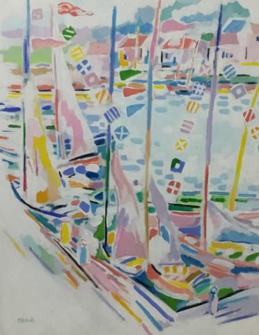 Oil on Canvas Harbor Scene: Signed Michaels, titled on verso Harbor Colors: A Fantasy of Sails and Flags. 29 1/4"H x 23"W