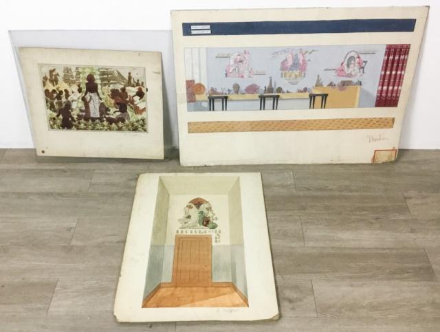 3 Signed Angelo Gepponi Paintings: 2 watercolors, 27"H x 14"W and 11 1/2"H x 17"W; acrylic 19"H x 36"W. All unframed.