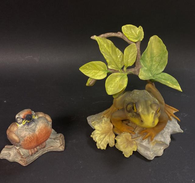 Cybis Frog & Boehm Bird Porcelain: Cybis frog and Boehm Fledgling Red Poll. Frog 5 1/2"H