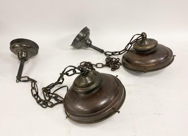 Pair of Hanging Fixtures: Pair of metal hanging fixtures, 10"-diameter