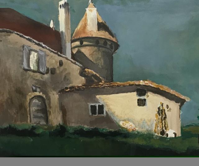Oil Painting of Castle: Signed Denise Boller with info on verso. 1971 19" Tall 24" Wide