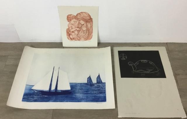 3 Pencil Signed Etchings: The Locket, artist's proof, 12"H x 9 1/2"W; Blue Skies, pencil signed Joy Jerviss, 20/150, 17 1/2"H x 23"W; turtles signed & dated Rosenbluth 1990, 21 1/2"H x 14"W